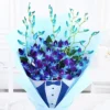 Elegant Blue Orchid Bouquet with Designer Tuxedo Wrap – Fresh Exotic Blooms