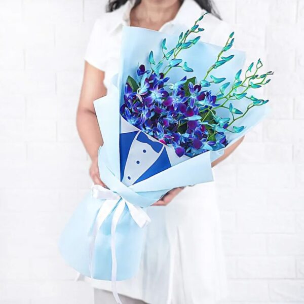 Elegant Blue Orchid Bouquet with Designer Tuxedo Wrap – Fresh Exotic Blooms