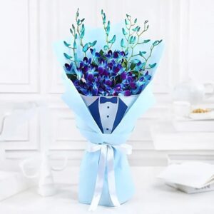 Elegant Blue Orchid Bouquet with Designer Tuxedo Wrap – Fresh Exotic Blooms
