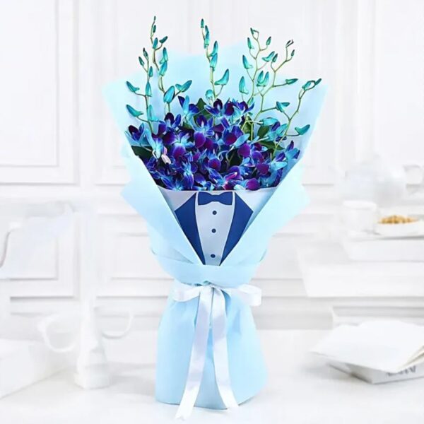 Elegant Blue Orchid Bouquet with Designer Tuxedo Wrap – Fresh Exotic Blooms