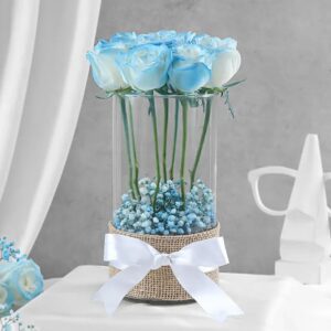Glass vase with blue roses and baby’s breath fillers wrapped in jute – elegant floral gift for Father’s Day