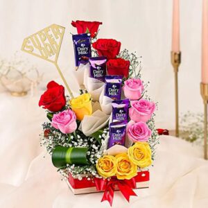 Super Dad chocolate and rose bouquet with Dairy Milk and mixed roses in red gift box