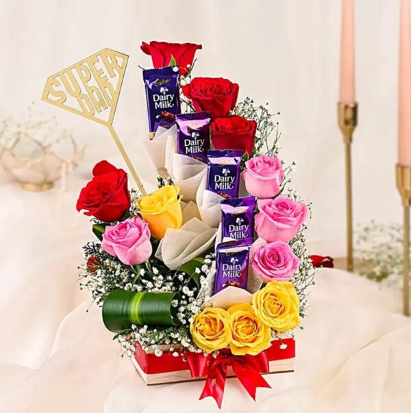 Super Dad chocolate and rose bouquet with Dairy Milk and mixed roses in red gift box