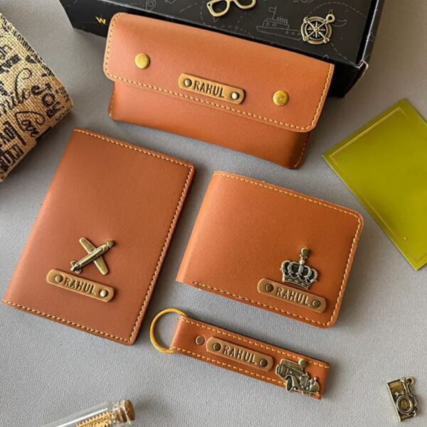 Personalized leather gift set with wallet, passport cover, keychain, and sunglass case in tan color with engraved name tags