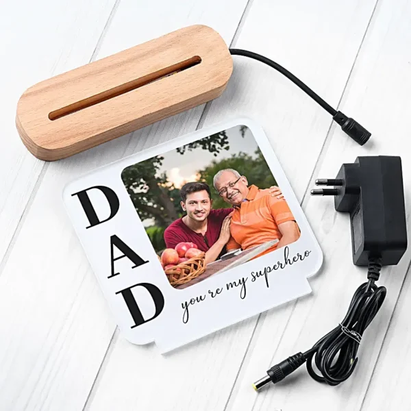 Personalized LED keepsake lamp with dad and son photo and “You're my superhero” quote for Father's Day gift