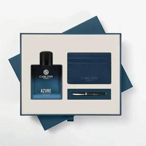 Elegant men’s gift set with Carlton London Azure perfume, blue card holder, and black pen