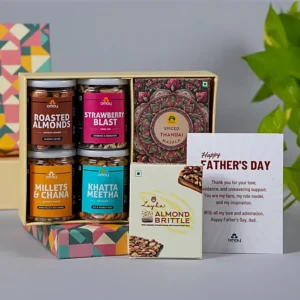 Father’s Day snacks gift hamper with roasted almonds, trail mix, brittle, and greeting card
