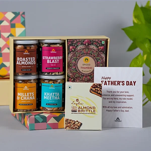 Father’s Day snacks gift hamper with roasted almonds, trail mix, brittle, and greeting card