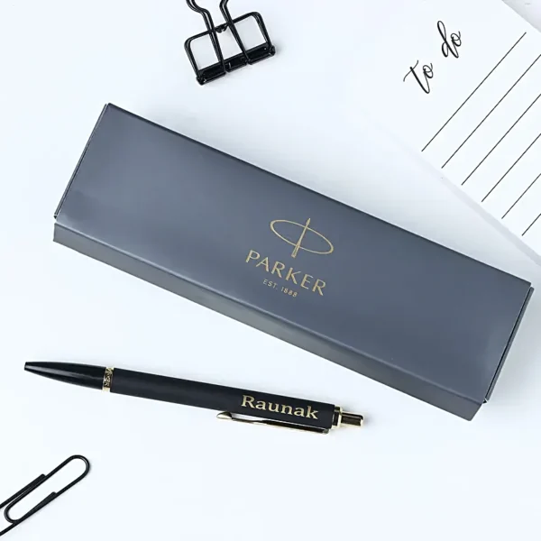 Personalized Parker matte black pen with engraved name and box