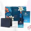 Carlton London Azure Gift Set for men with blue Eau De Parfum bottle, black wallet with green stitching, and a floral patterned gift box that reads "Special Day Special You".