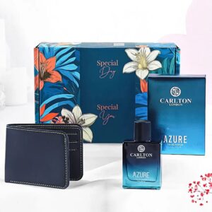 Carlton London Azure Gift Set for men with blue Eau De Parfum bottle, black wallet with green stitching, and a floral patterned gift box that reads "Special Day Special You".